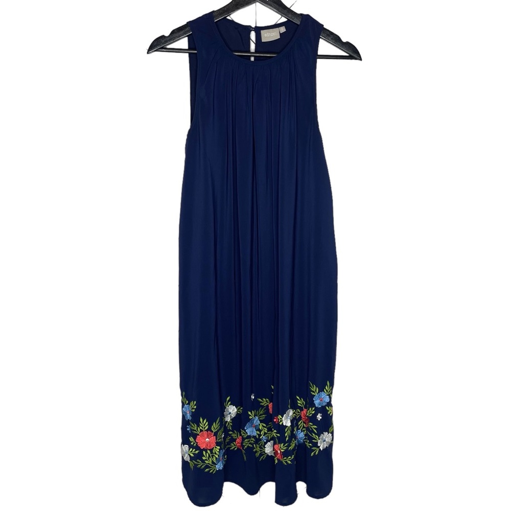 Eshakti | Floral Embroidered Sleeveless Tie Waist Midi Dress Navy Size Small